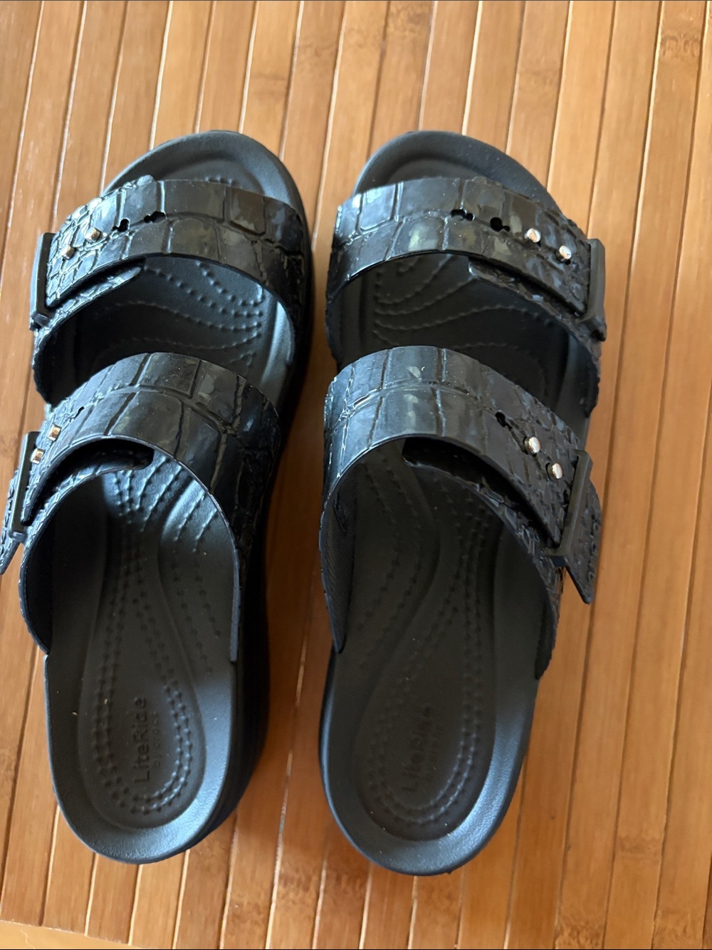 CROCS Black Croc-Embossed Double Strap Wedge Sandals